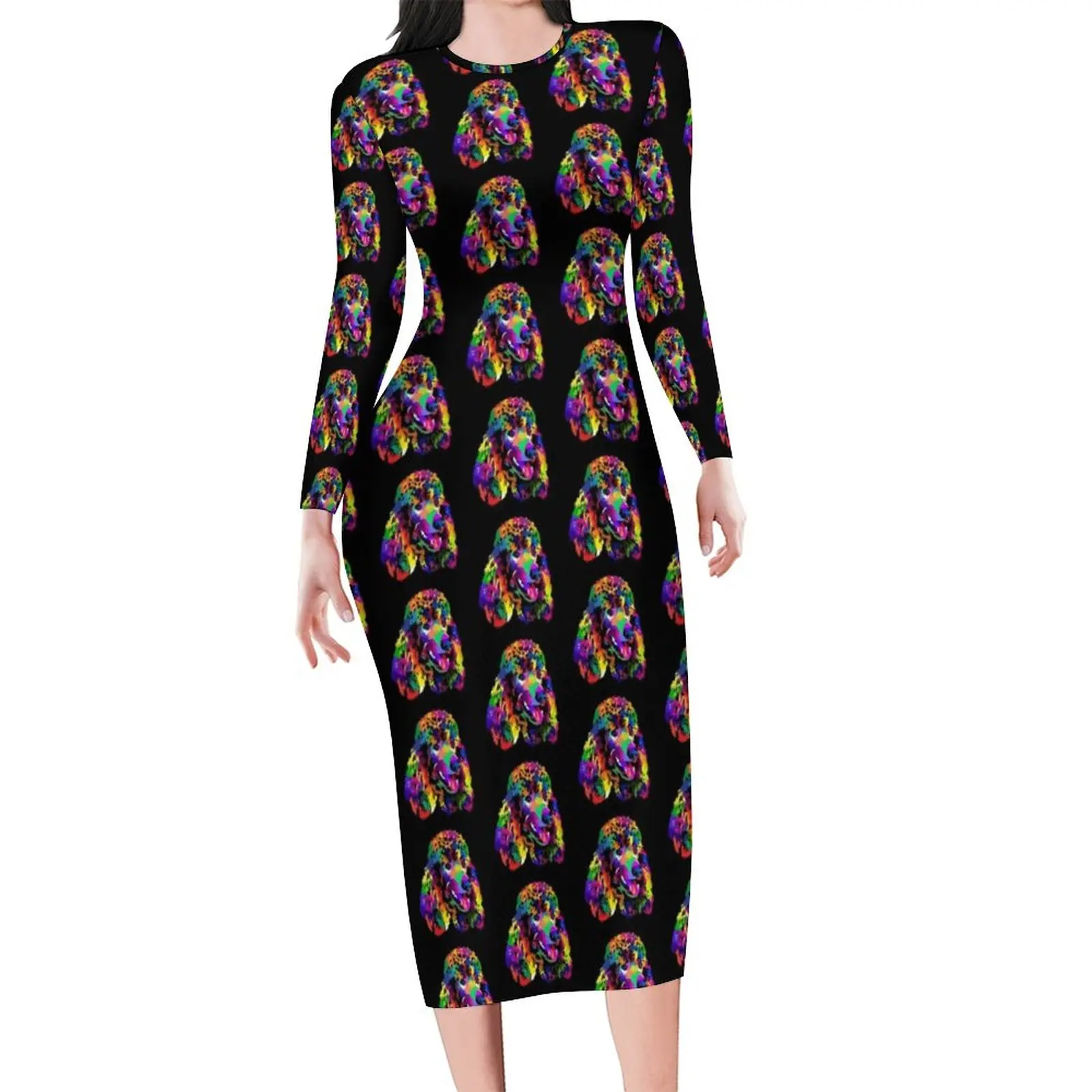 Pop-Art Pudel Kleid Langarm Hund drucken sexy Kleider Herbst Frauen Streetwear Muster Bodycon Kleid große Größe