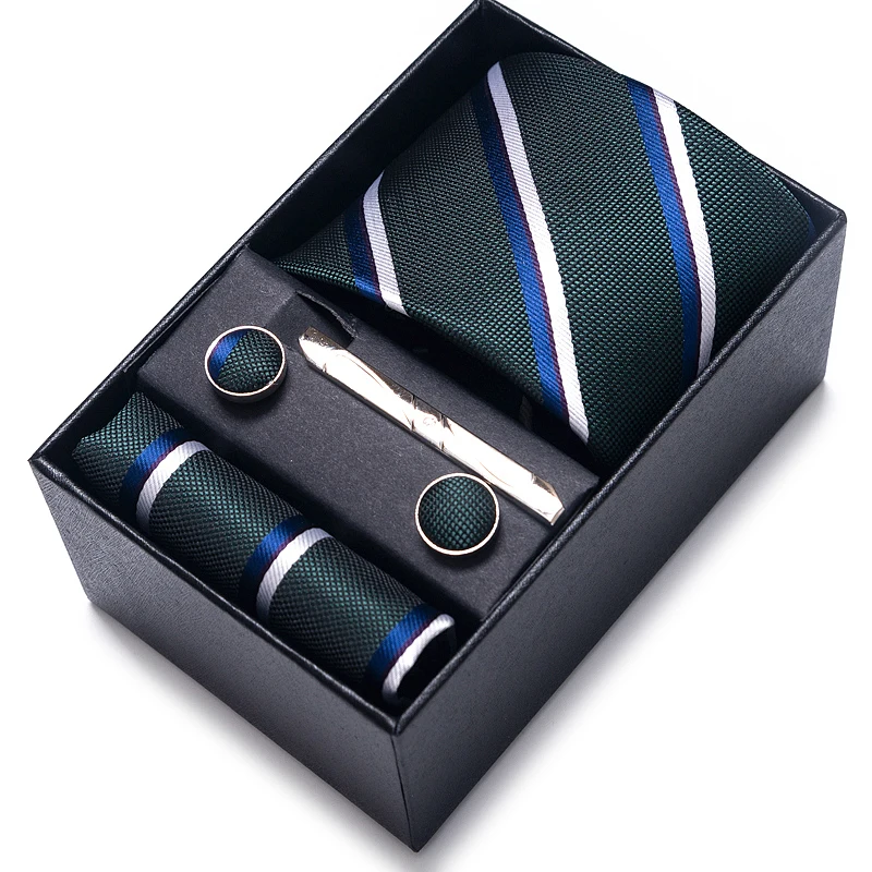 Corbata de seda para hombre, conjunto de gemelos cuadrados de bolsillo, caja, corbata de punto azul, accesorios de boda, apto para oficina y