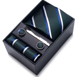 Corbata de seda para hombre, conjunto de gemelos cuadrados de bolsillo, caja, corbata de punto azul, accesorios de boda, apto para oficina y negocios, venta al por mayor