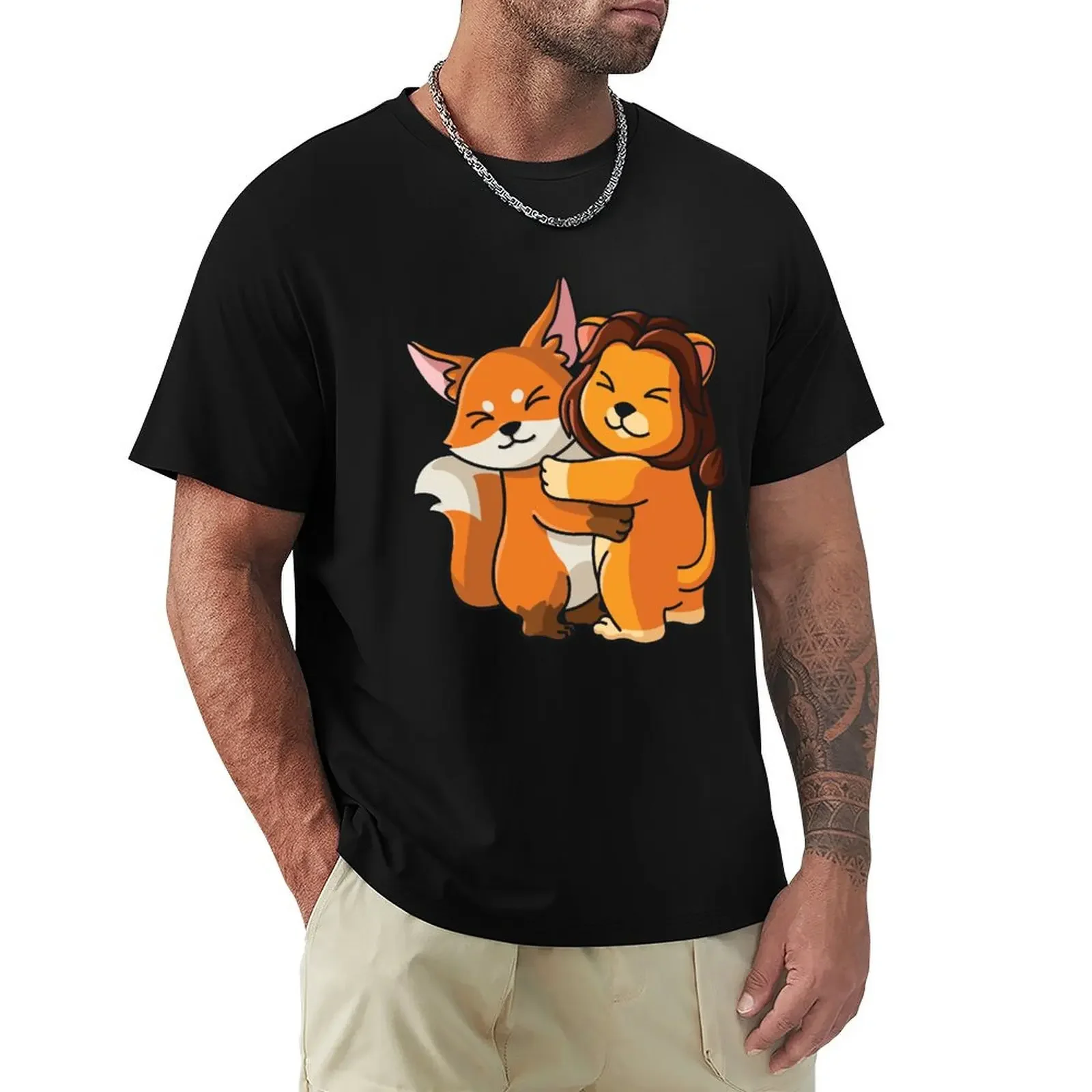 Fox and Lion cute Hug Cuddle Animals T-Shirt graphic tee shirt designer shirts plus size tops mens white t shirts