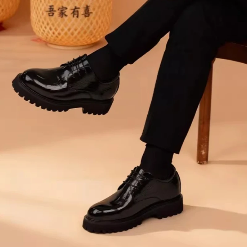 British Style Men's Dress Shoes for 8cm Elevator Derby Shoes Genuine Leather Breathable Cowhide Handsewn Height Increasing Shoes