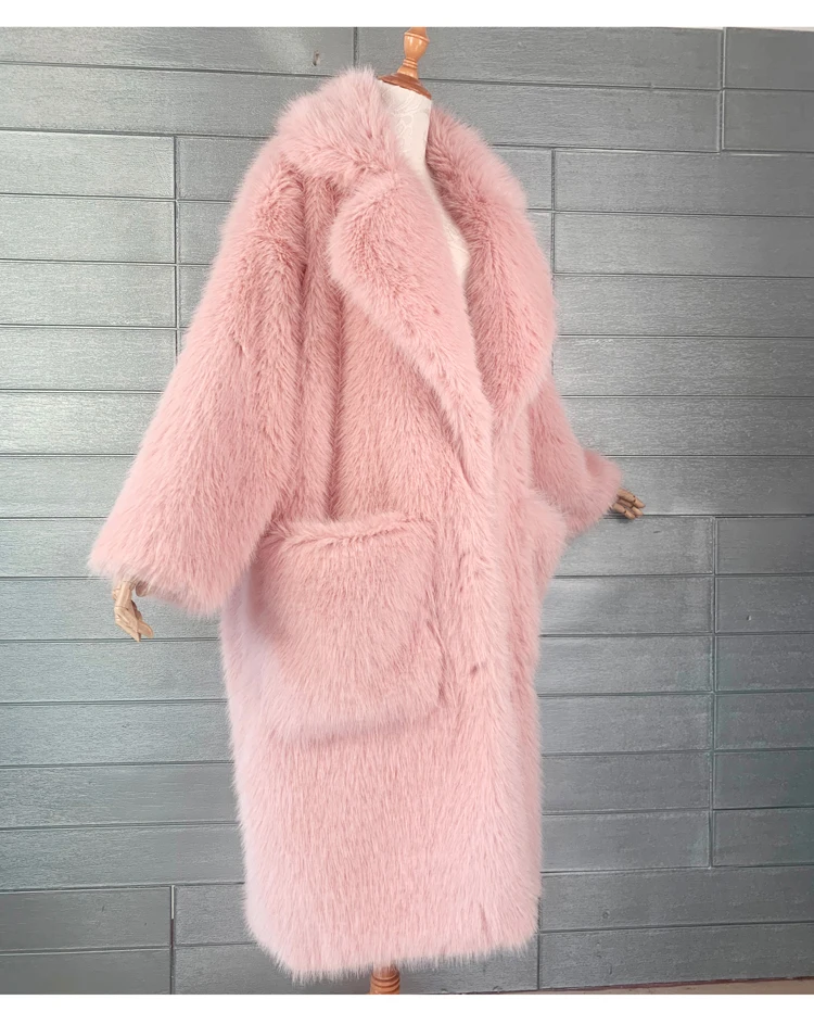 Winter Long Faux Fur Coat Oversize Pink Thick Warm Soft Shaggy Fluffy Faux Fur Coat Women Pockets Lapel Loose Fashion Fur Jacket