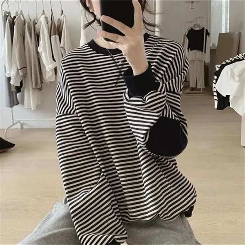 New Women Trendy Striped Patch Design Streetwear Oversized Y2K Sweatshirts Autumn Female Casual O Neck Long Sleeve Pullover Tops