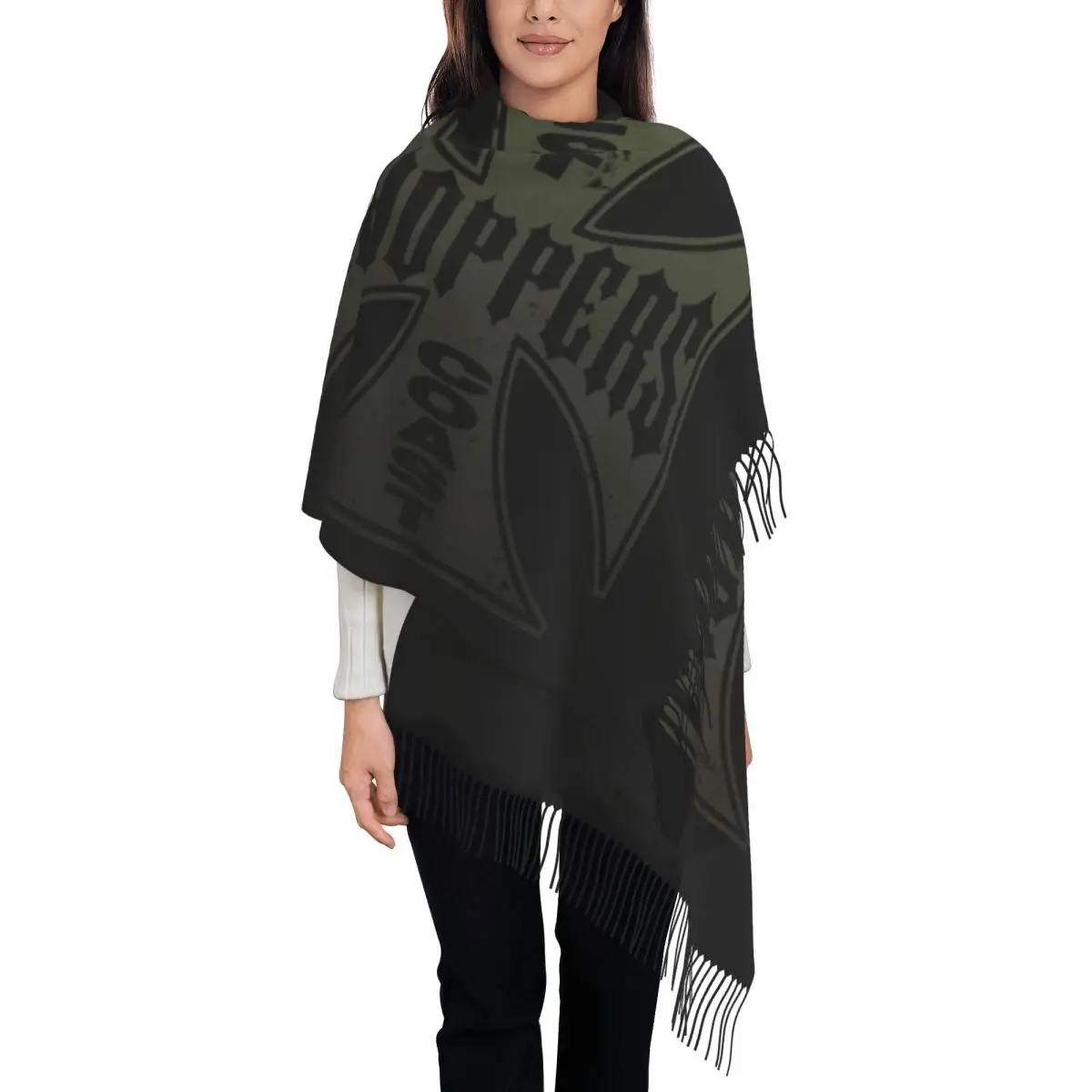 Stylish West Coast Iron Cross Choppers Tassel Scarf Women Winter Fall Warm Shawl Wrap Female Scarves