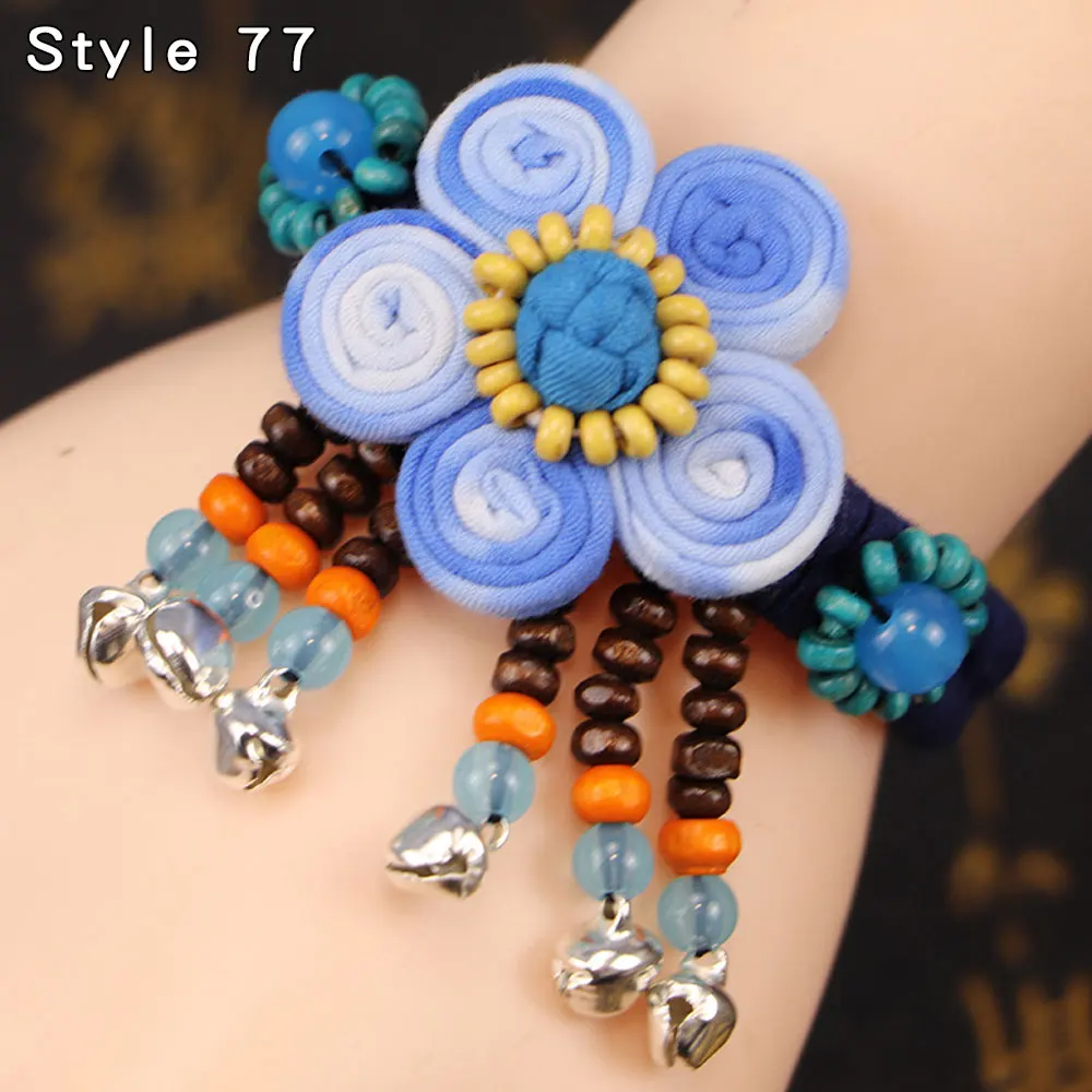 Flower Bracelets Women Wrist Band Jewelry Girls Handmade Fabric Bohemian Style Bracelets For Women Blue Tie Dye Bell Bracelet