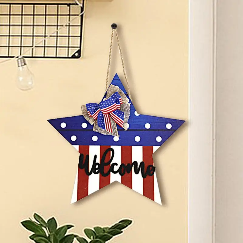 Segno della porta del 4 luglio American Love Red Blue Wood Door Hanger Independence Day Door Sign con Cute Bow Outdoor Outdoor portico