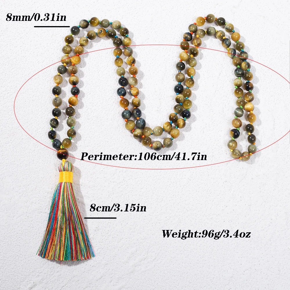 8mmDreamy Tiger Eyes Bead Knot 108 Mala Necklace Meditation Yoga Prayer Rosary Japamala Jewelry for Men and Women