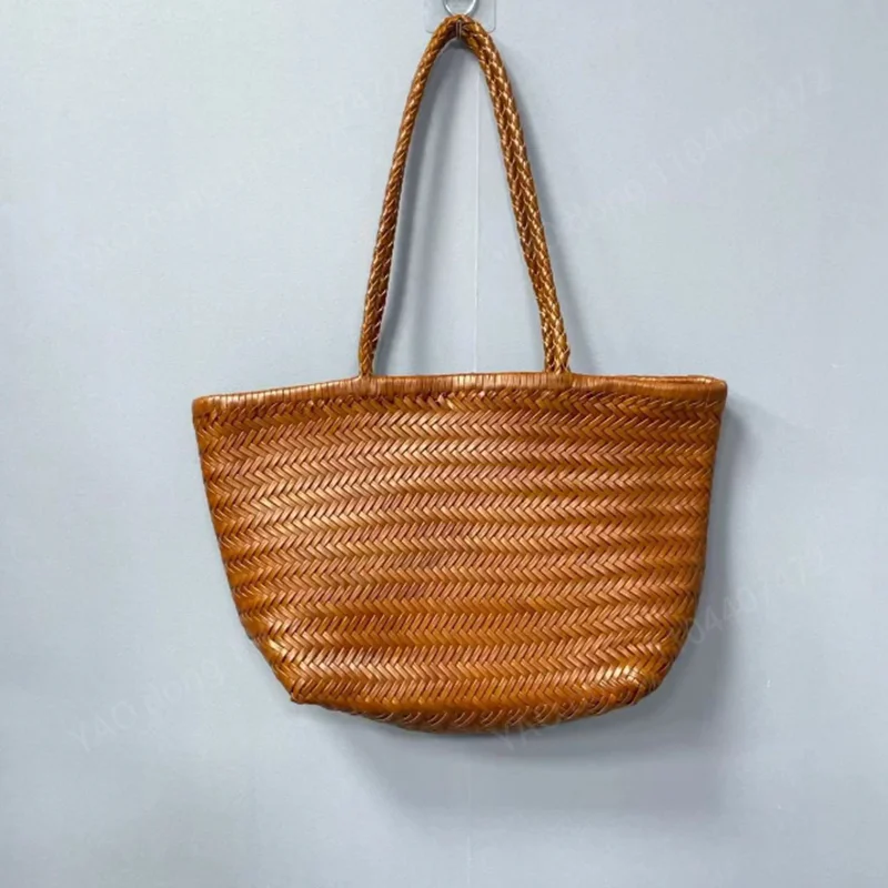 Yao Dong Large size Vintage Hand-woven Genuine Leather Woven casual vegetable basket Woven Inside Bag Shopping Bag Tote Bag