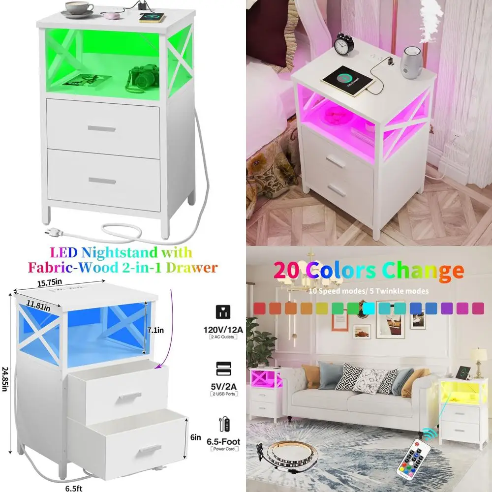 

Современная LED-тумбочка с зарядной станцией, USB-портами и розетками - компактный прикроватный столик для спален, гостиных и офисов