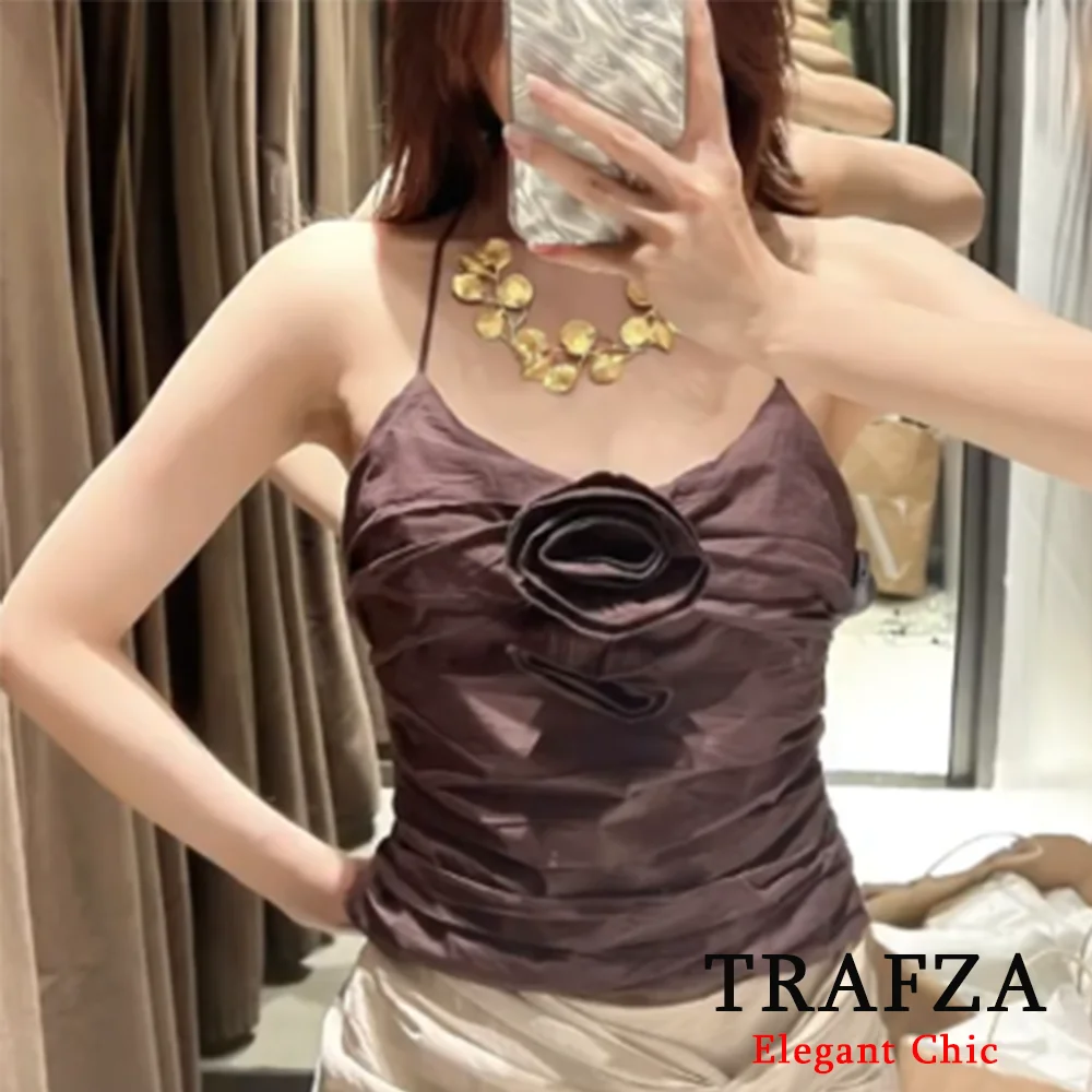 TRAFZA Vintage Brown Floral Embellished Pleated Women Cami Tops New 2024 Summer Fashion Tops Holiday Party Date Short Tops