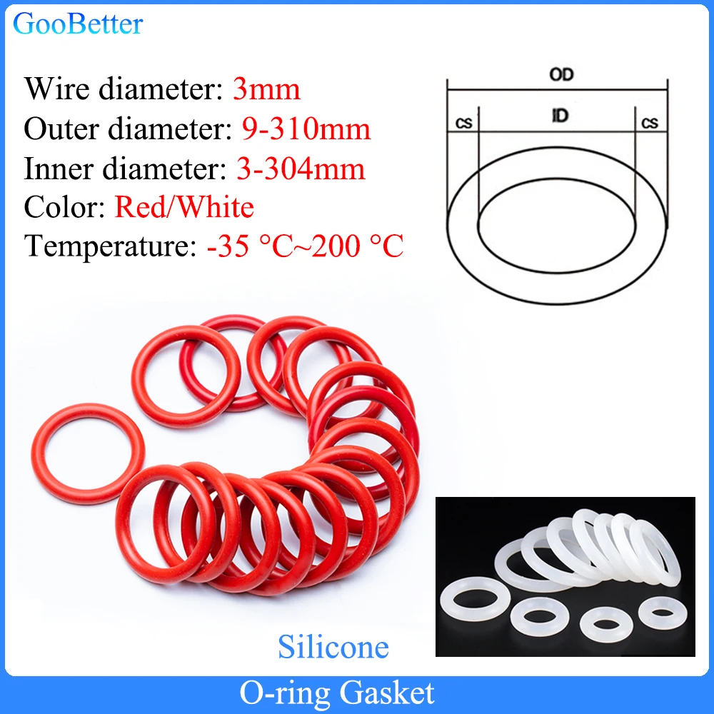 

5-100pcs Red/White Silicone Ring Gasket CS 3mm OD 9-310mm Waterproof & Insulated Silicon O Ring Gasket Food Grade Rubber O-ring