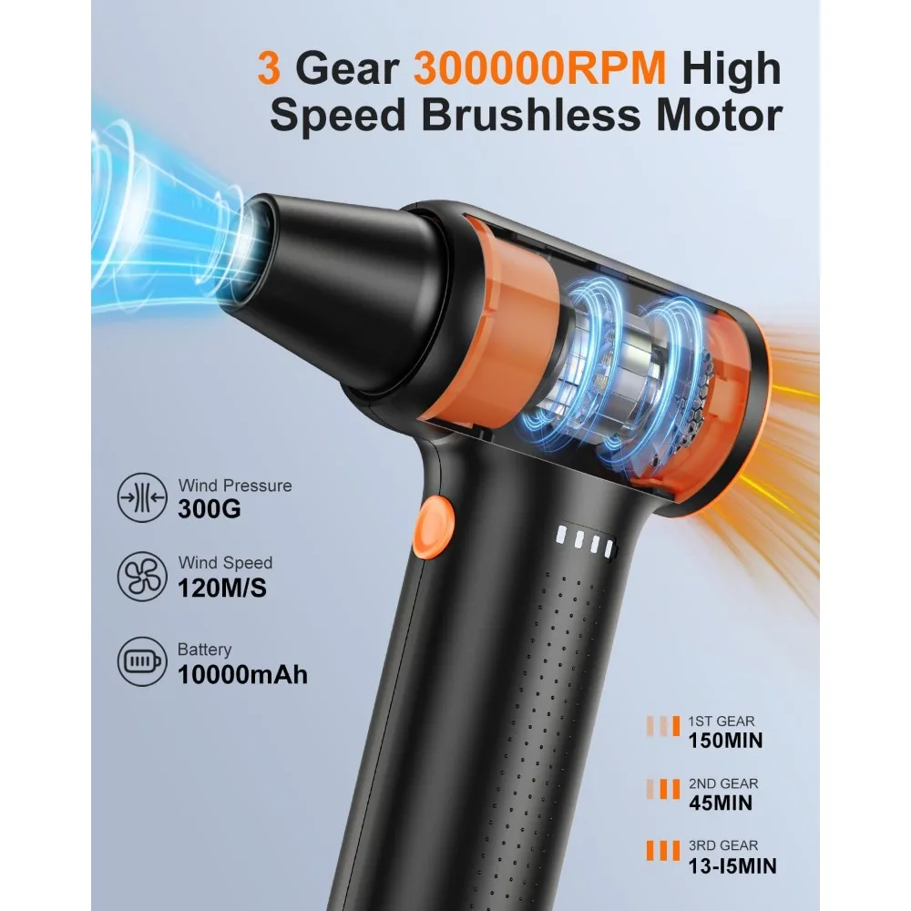 Spolverino ad aria compressa, 300000 Ventola turbo elettrica RPM, 3 marce, ricaricabile da 10.000 mAh per PC, elettronica per auto