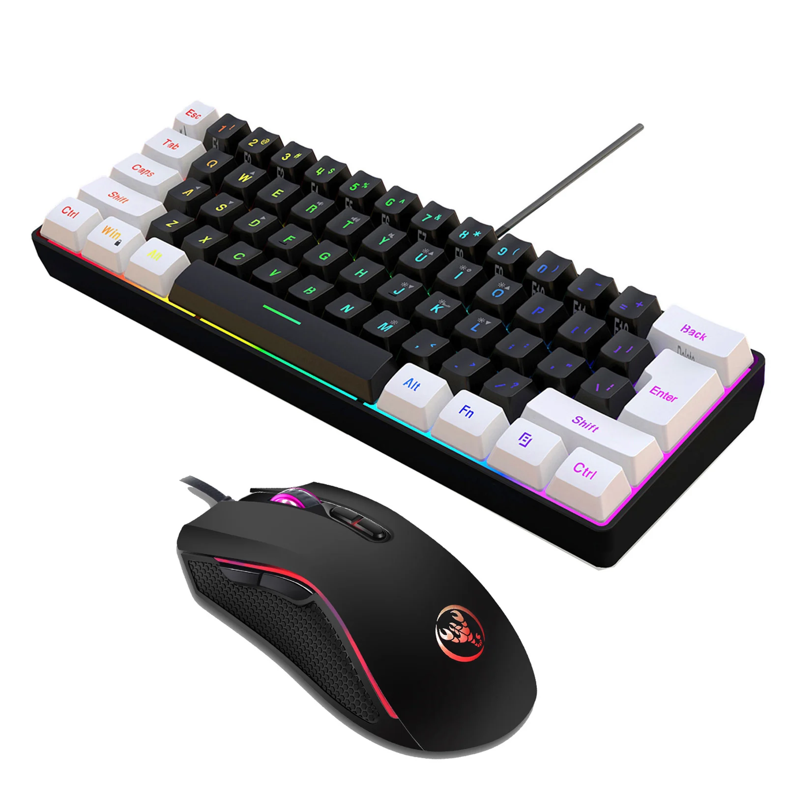 V700BW+A869 USB Computer Keyboard and Mouse Kit with 61-key Wired RGB Backlight + Wired Gaming Mouse Colorful LED Lighting