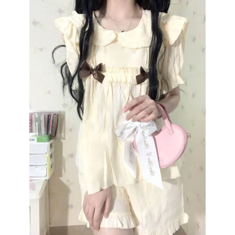 Peter Pan Collar Sleepwear Women Pajamas Sets for Home Summer Korean Shorts Sleeve 2 Pieces Night Wears Bow Ruffle Home Suit New