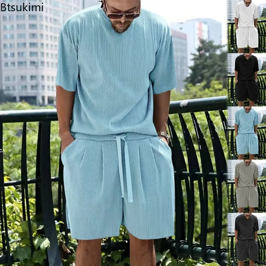 

2025 Fashion Streetwear Men's Summer New Striped Casual Suit Comfort Ice Silk Loose O-neck T-shirt+Shorts Sport Two Piece Sets