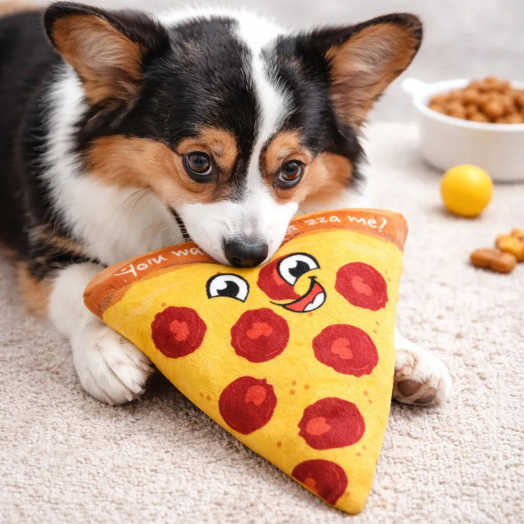 New Pet Dog Simulation Plush Toy with Loud Paper, BB Calling, Voice Making, Pizza, Broccoli, Self Relaxation, Interactive Toy