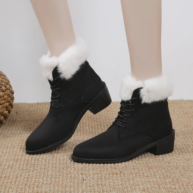 

Shoes for Women 2024 Fashion Lace Up Women's Boots Winter Pointed Toe Solid Flock Plush Warm Chunky Heels Large Size Naked Boots