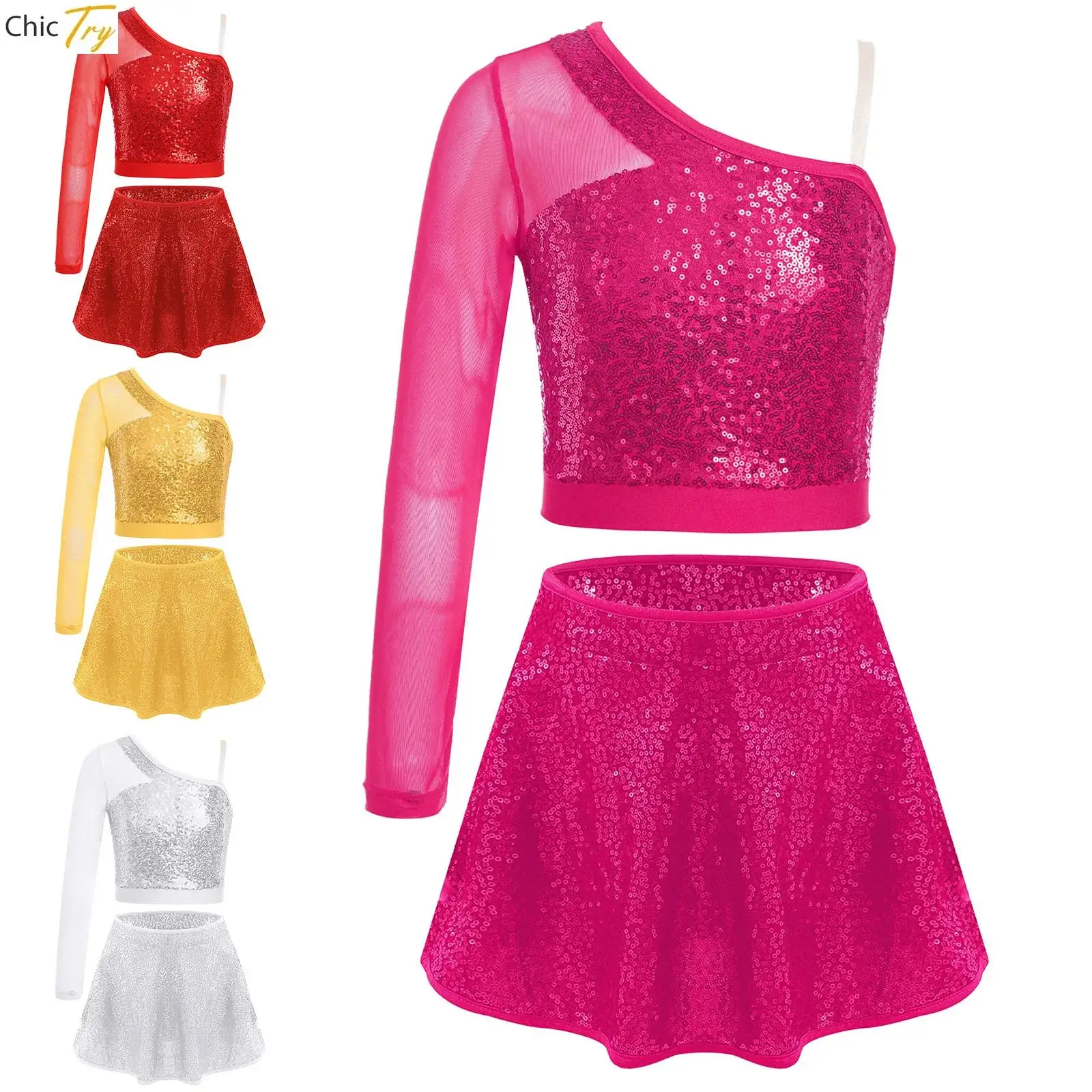 キッズガールズジャズダンスセットキラキラスパンコールメタリッククロスクロップトップ+Aラインスカートリズミカルステージパフォーマンスコスチュームストリート用