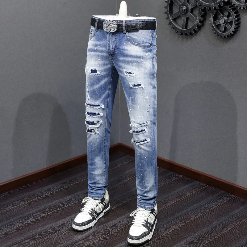 Y2K Street Fashion High Quality Men's Jeans Retro Blue Stretch Slimming Painted Ripple Jeans Men's Splicing Hip Hop Brand Design