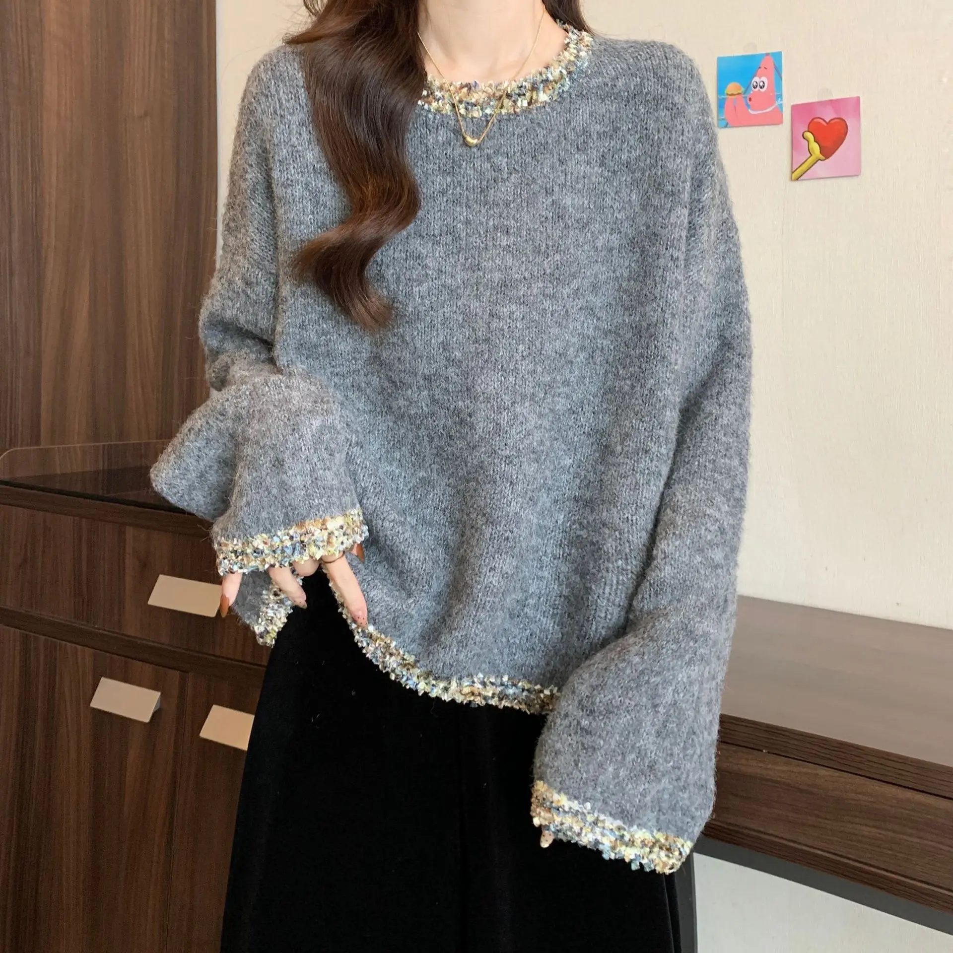 

Lazy Long Sleeve Loose Slimming Top For Women, Fashionable Rhinestone Round Neck Pullover, Solid Color Simple Knitted Sweater,