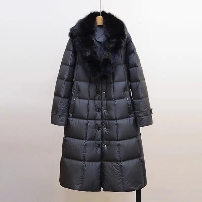 Winter neue Damen weiße Gänsedaunen verdickte warme Daunenjacke mit Kapuze Y2K hochwertiger Fuchspelzkragen mittellanger warmer Mantel 2025