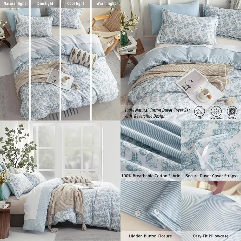 

Винтажный пододеяльник из 100% хлопка King Size 3PC - Элегантный бледно-синий loral на белом со светло-голубыми и белыми полосками в обратном ходу, Luxuri