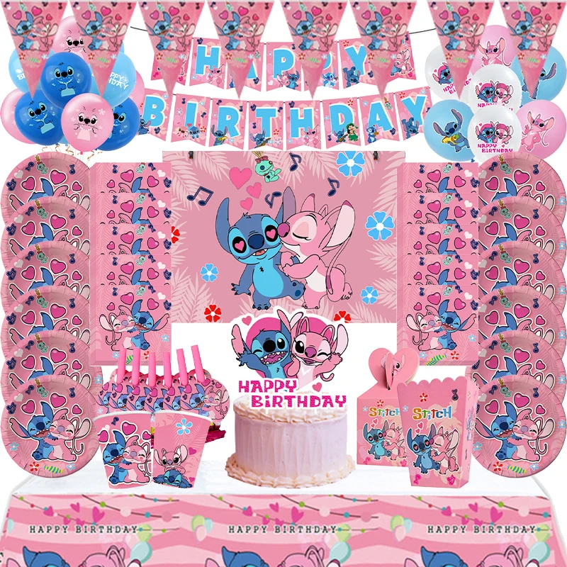 Disney Pink Stitch Birthday Decorations Girls Paper Cups Plates Napkins Tableware Set Balloons Decor Baby Shower Party Supplies