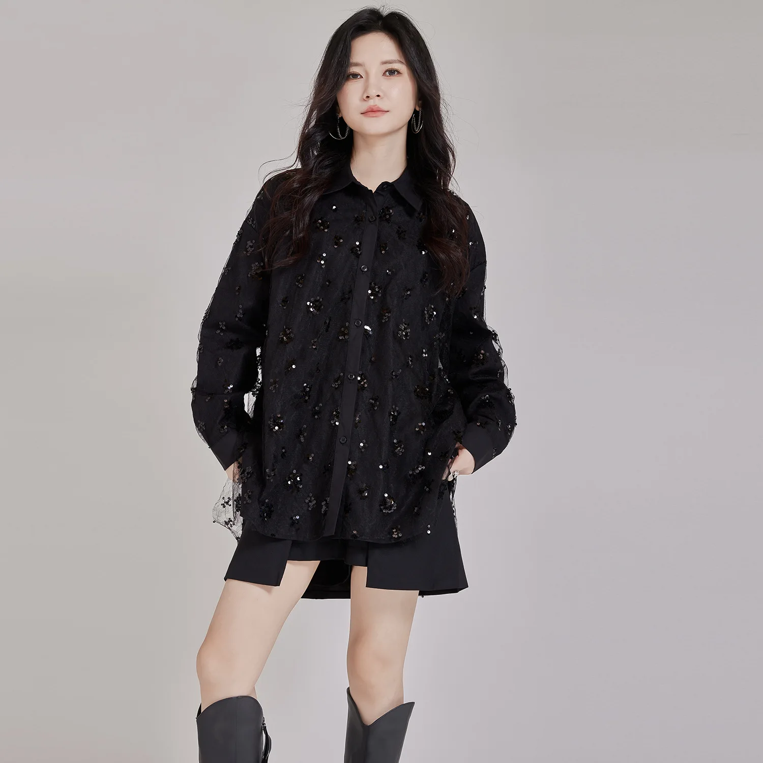 

Осенняя женская кружевная рубашка свободного покроя с длинными рукавами, элегантный повседневный топ, украшение с блестками для тяжелой промышленности