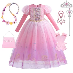 Girl Rapunzel Costume Tangled Cosplay Dress Long Sleeve Fancy Sequin Mesh Clothing For Party Carnival Perform Ball Gown