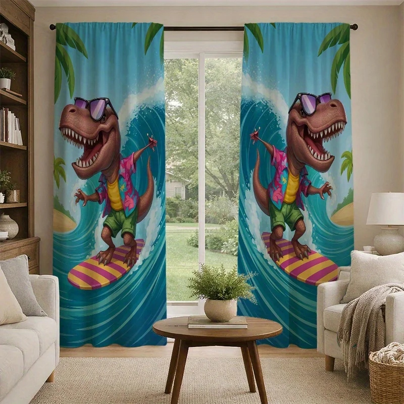 Cool Surfing Dinosaur Curtains Funny T-Rex with Sunglasses Print Window Drapes Summer Beach Decor, Blackout Fabric for Kids Room