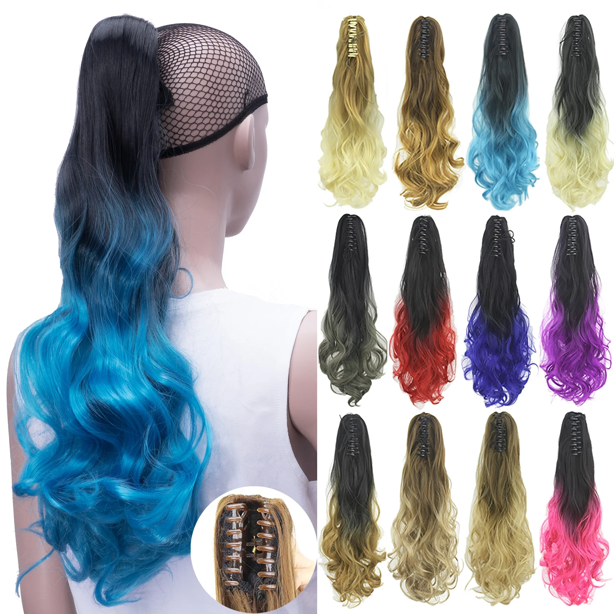 Wavy Black To Blue Ombre Claw Ponytail False Strands Clip In Hair Extension Hairpiece Pony Tail Hair on Hairpins