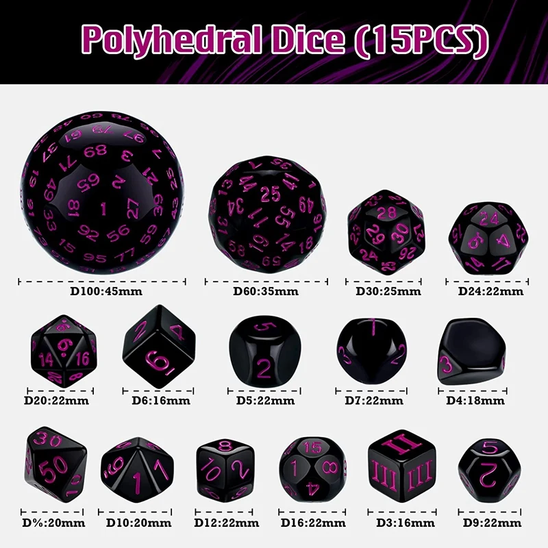 15Pieces Complete Polyhedral DND Dice Set D3-D100 Spherical RPG Dice Set for Role Playing Table Games Supplies