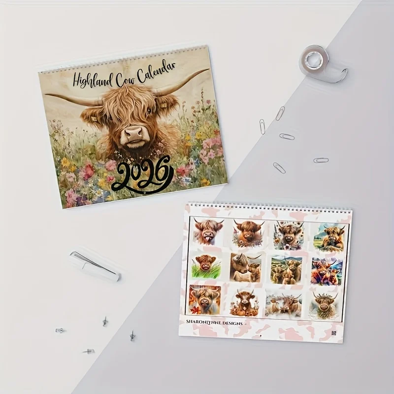 2026 Calendar Funny Highland Cow Daily Weekly Monthly Planner Notebook Schedule Agenda Organizer Home Office Decor Wall Calendar