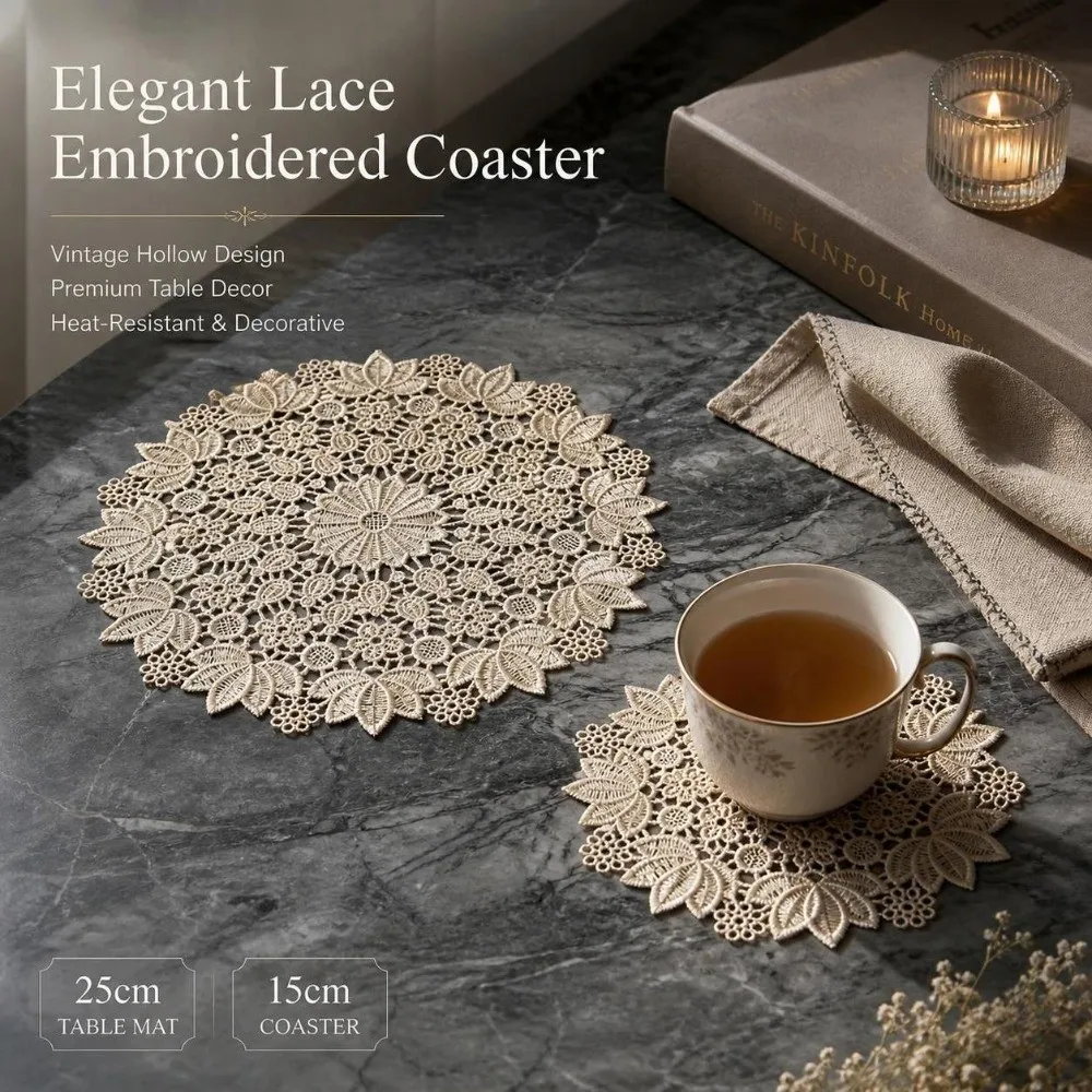 2pcs Retro Embroidered Lace Table Cloth Hollow Out Tea Pad Mat Beige Crochet Lace Doily Round Coffee Coaster Napkin Home Decor