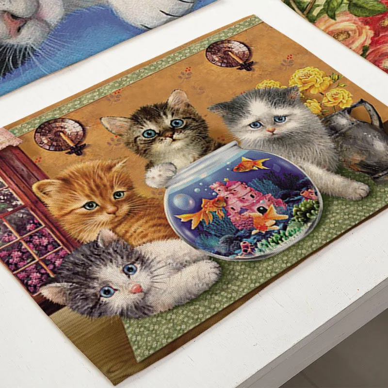 40X30cm Cute Cat Flower Pattern Placemat Dining Table Mats Cotton Linen Drink Coaster Western Pad Cup Mat For Home Decor Gifts