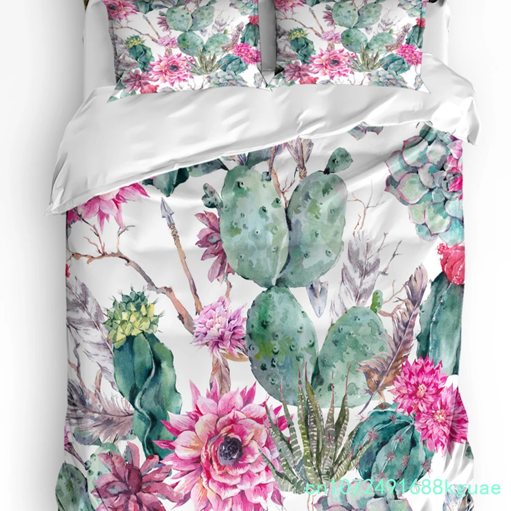 Green Plant Cactus Watercolor Style 3pcs Bedding Set For Bedroom Double Bed Home Textile Duvet Cover Quilt Cover Pillowcase