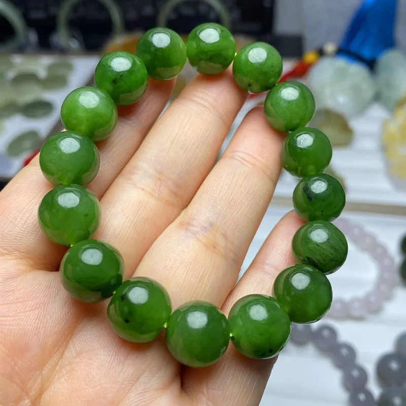 

Браслет из нефрита Хэтиан и бижи, 12 мм, круглые бусины, полностью зеленые бусины с черными вкраплениями