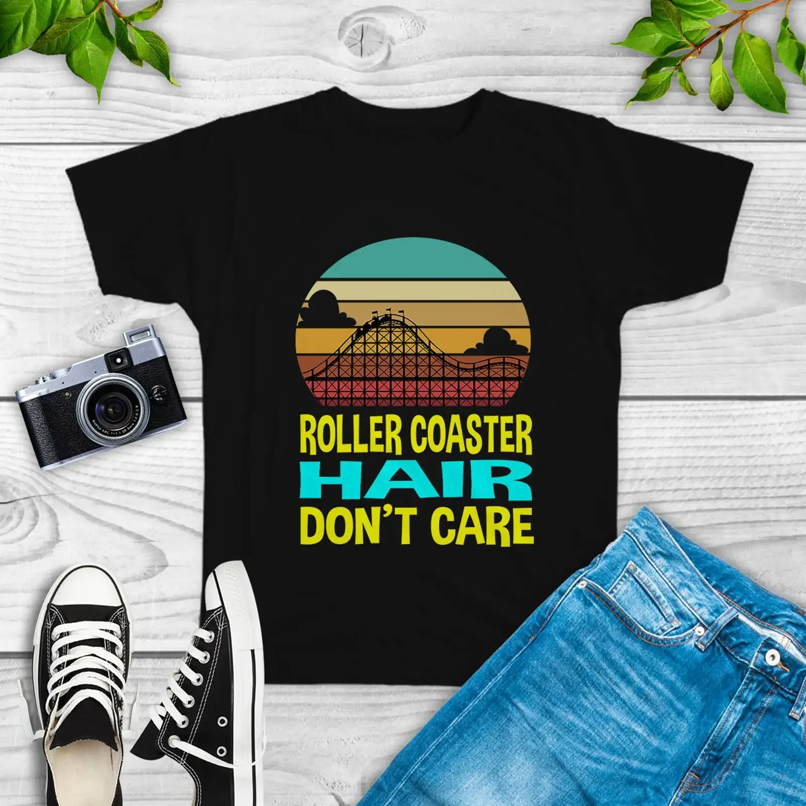 Roller Coaster Hair Don't Care Vintage Sunset Amusement Park Theme Carnival T Shirt vintage Washed streetwear