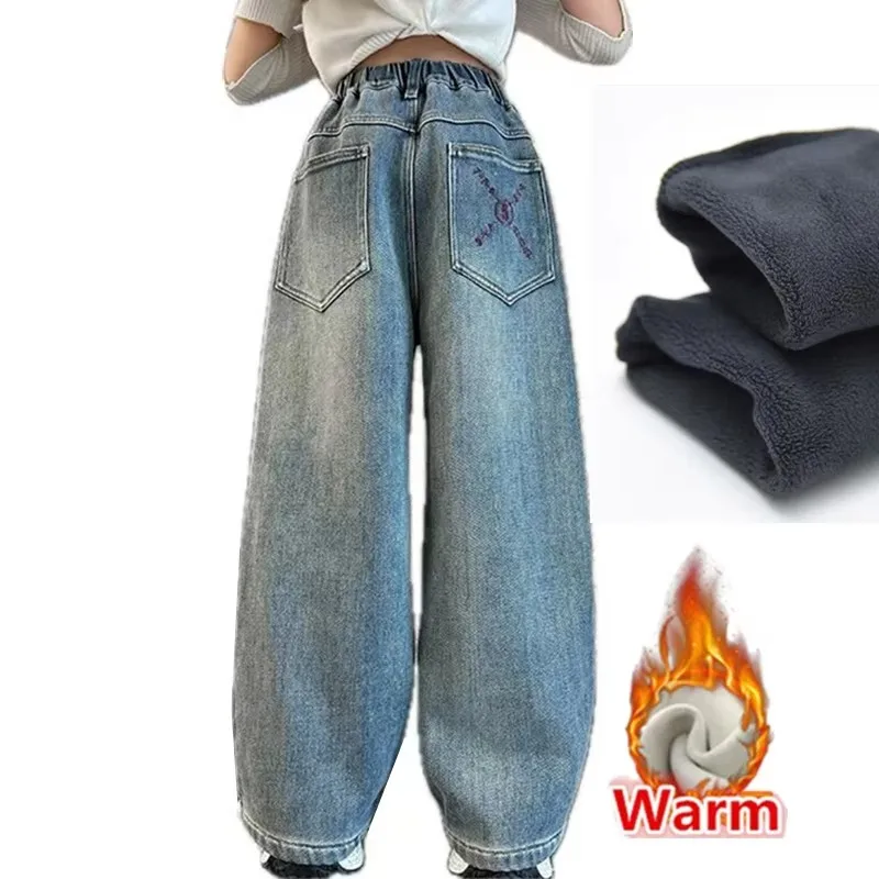 

School Girl Winter Thick High Street Jeans Kids Straight Fit Velvet-Lined Denim Pants Teenager Child Warm Thermal Jeans Trousers