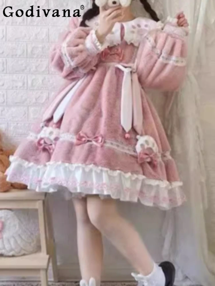 

Large Size Thickened Winter Sweet Bow Lolita Dress Cute Girls Loose Peter Pan Collar Versatile Age-reducing Princess Dresses