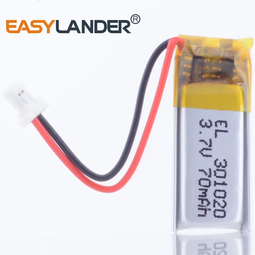 3.7V 70mAh Lithium Polymer LiPo Rechargeable Battery 301020 with JST 2Pin 1.0mm Plug For Mp3 Bluetooth Headset Speaker 3D Glass