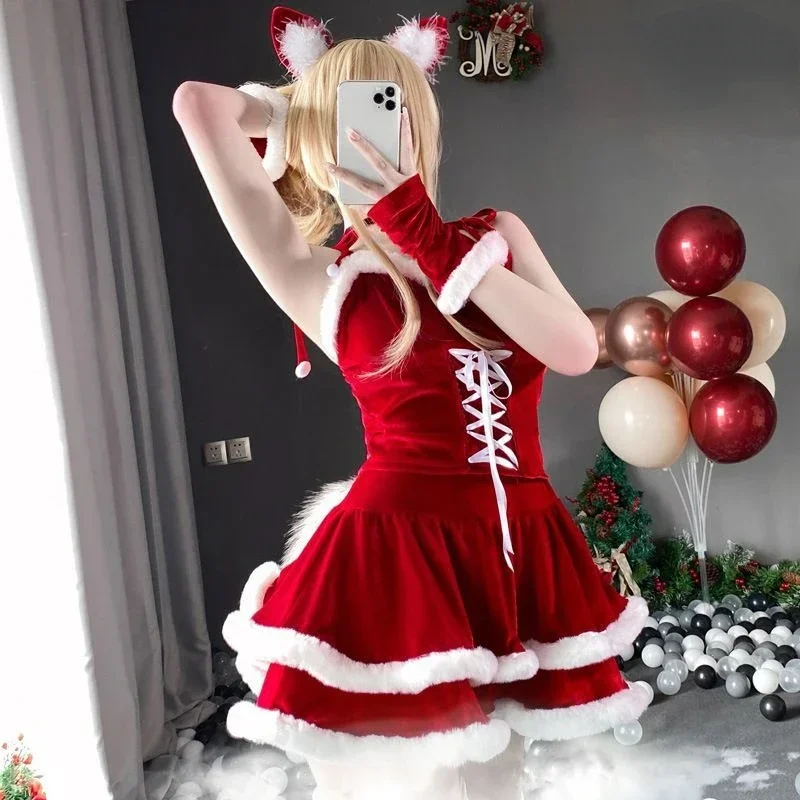 Bunny Santa Claus Uniform Holiday Women Sexy Party Mini Dresses Winter Cosplay Christmas Velvet Dress Tops Skirt Gloves Suits