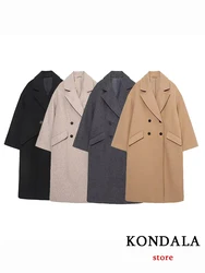 KONDALA-abrigos largos y gruesos para mujer, chaquetas Vintage de manga larga con cuello de pico y bolsillos, abrigos elegantes a la moda, otoño e invierno, 2023