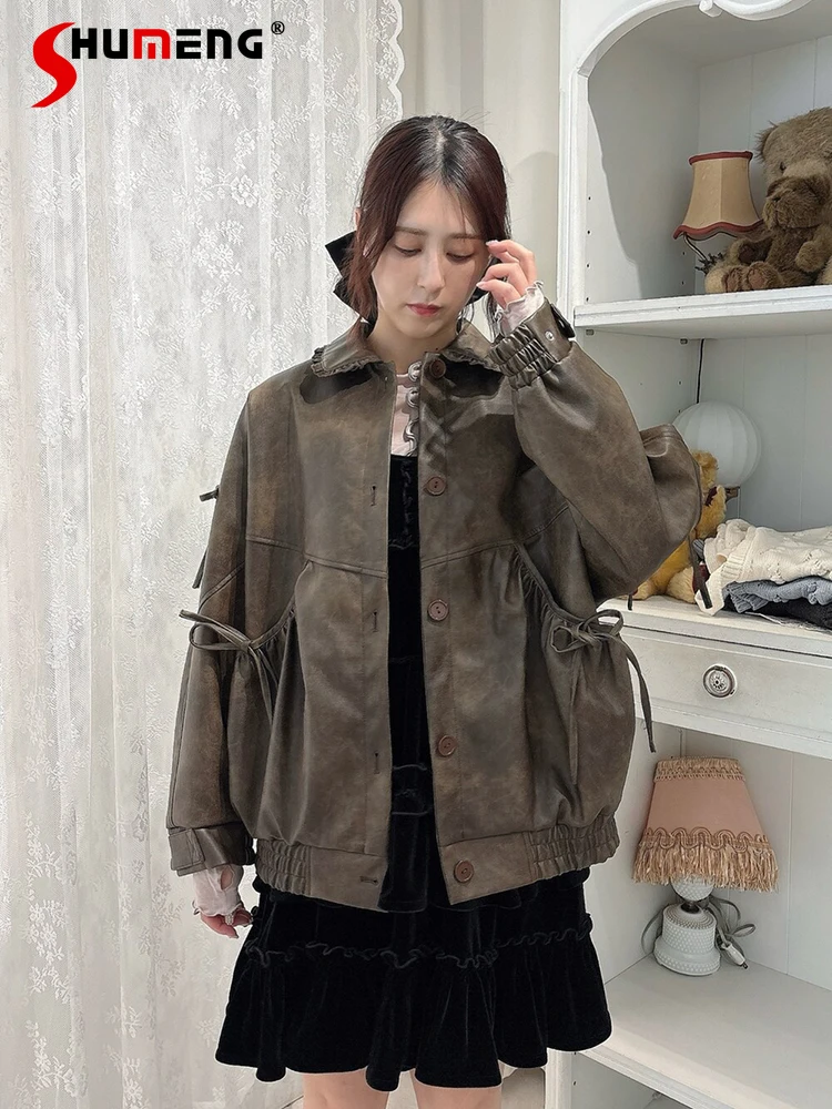 

2025 Spring and Autumn Japanese Style Fashion Leather Jacket Student Y2K Loose Slimming Turn-Down Collar Bow Sweet Coat Women