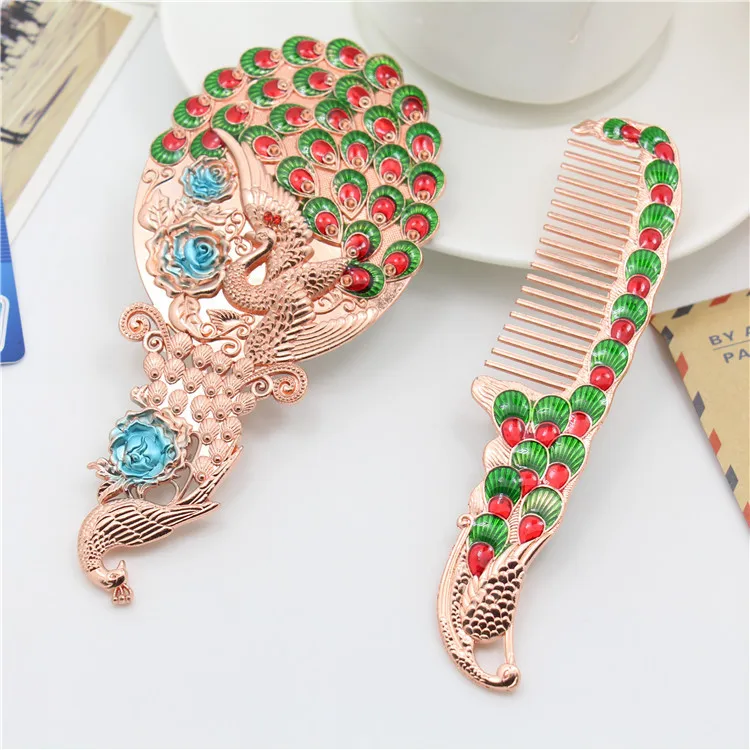 Vintage Peacock Handle Mirror Comb Set Portable Makeup Mirror Gift Box Pack Event gift