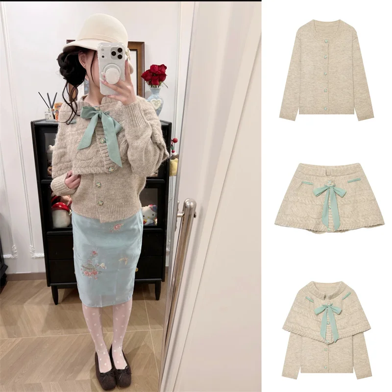 Guobioziy Women's Set 2026 Spring and Autumn New Loose Casual Knitted Cardigan with Bow Tie Cloak Dress Two-Piece Set