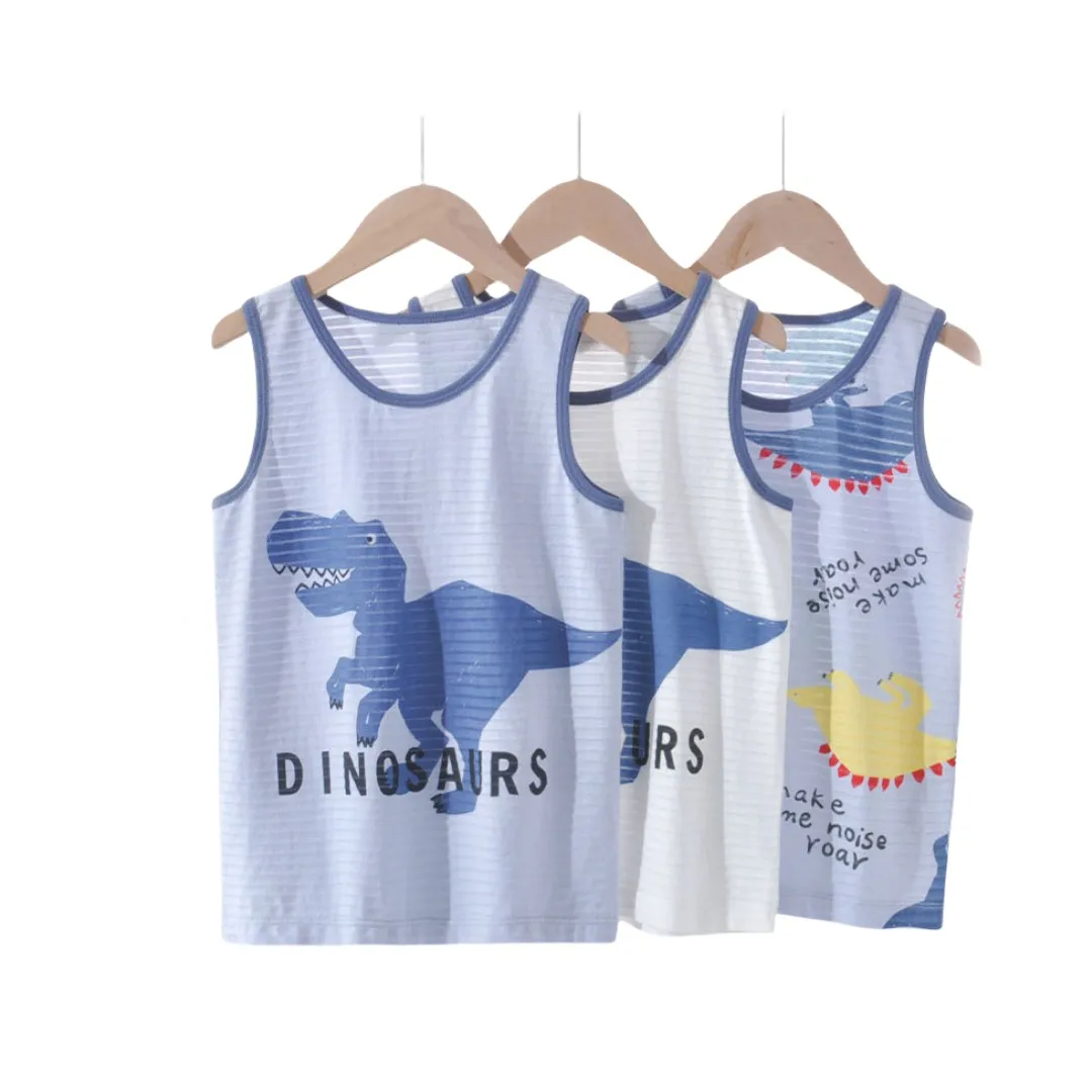 Boy Cartoon Dino Car Prints Singlet Underwear Tank Kids Undershirts Cotton Tank Tops Size 3-10T  Summer Home wear