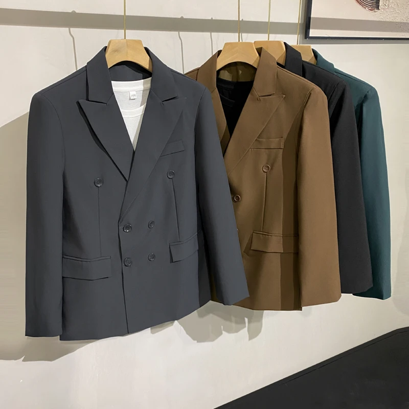 Casual Fashionable Men's Double-Breasted Suit Jacket Lightweight Elegant Style Long Sleeve Autumn Wear Standard Fit Korean Ve...