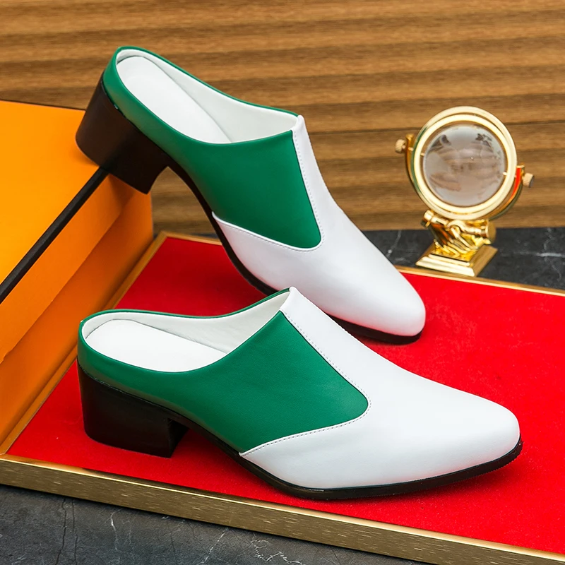 

Men Shoes Quality Leather Casual Half Slippers Classic Slip on Mules Slippers Pointe Thick Heeled Half Slipper Business Slippers