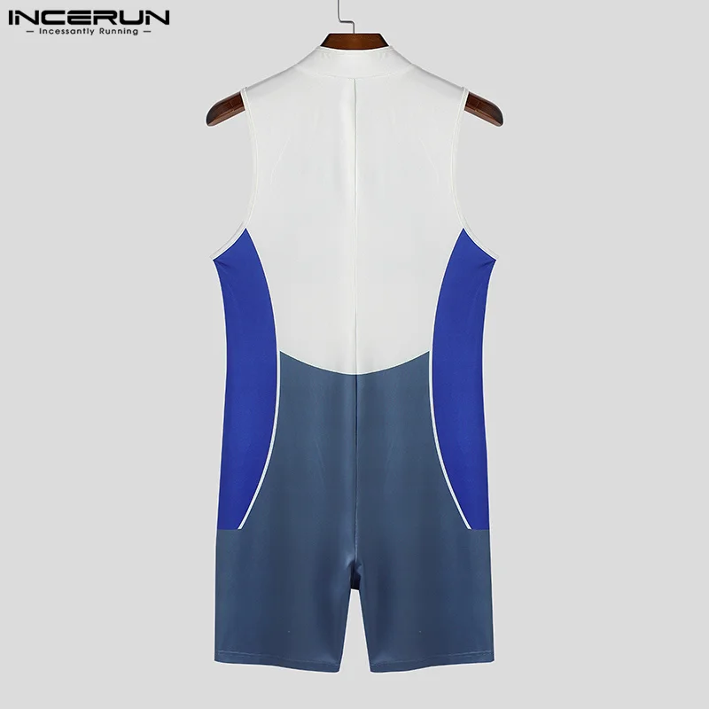 Men Rompers Bodysuits Print Patchwork Zipper Sleeveless Male Overalls Skinny 2025 Summer Color-block Playsuits Workout INCERUN